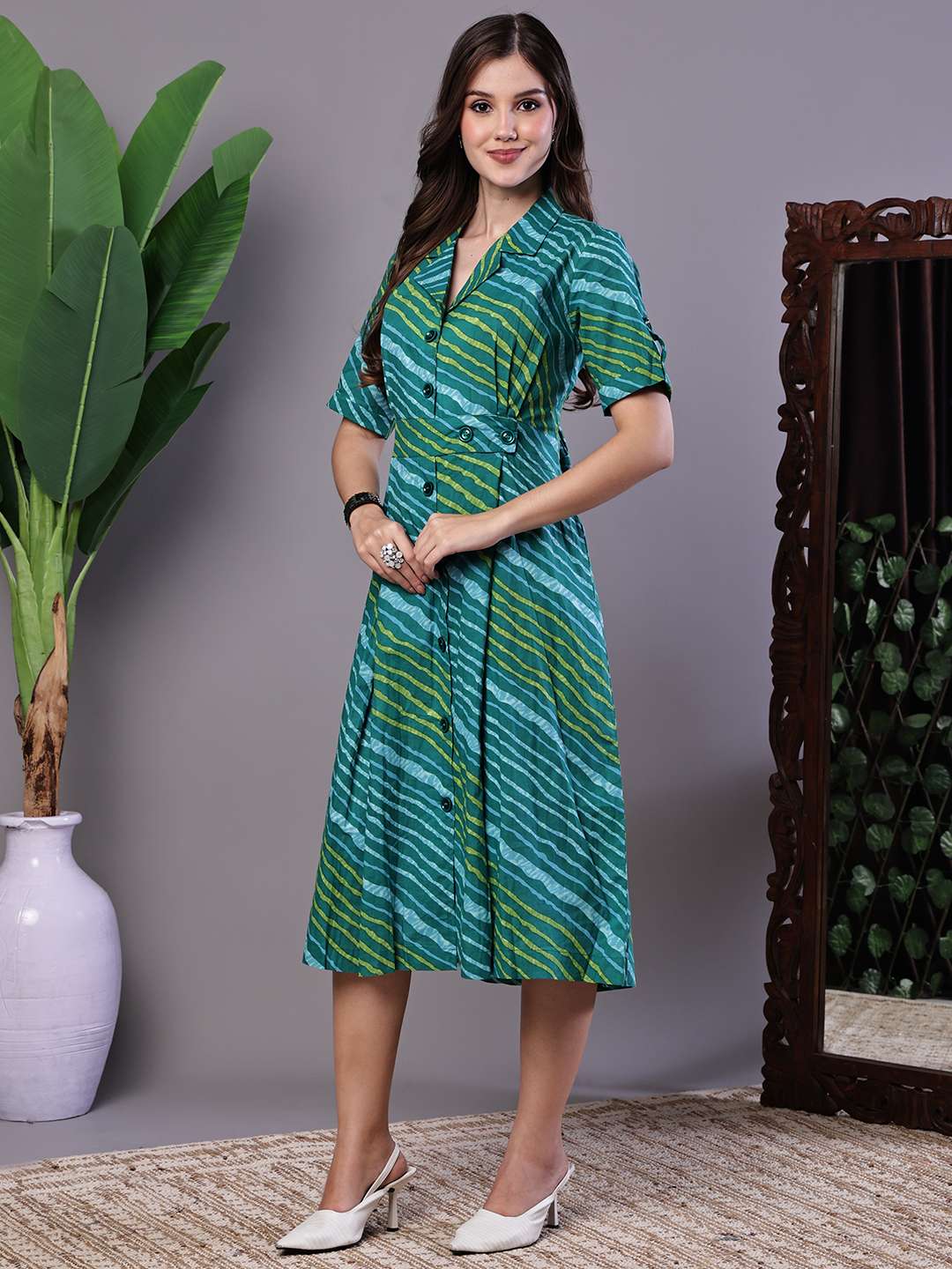 Women's eal Green Striped Cotton Midi Shirt Dress - Image 3