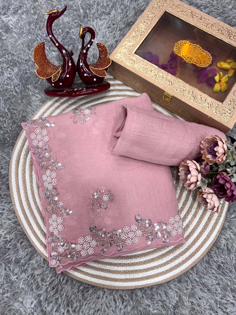 Women's Soft Pink Organza Saree with Delicate Pearl & Sequin Floral Embroidery β Lightweight Sheer Drape for Festive, Wedding & Party Wear - Image 9