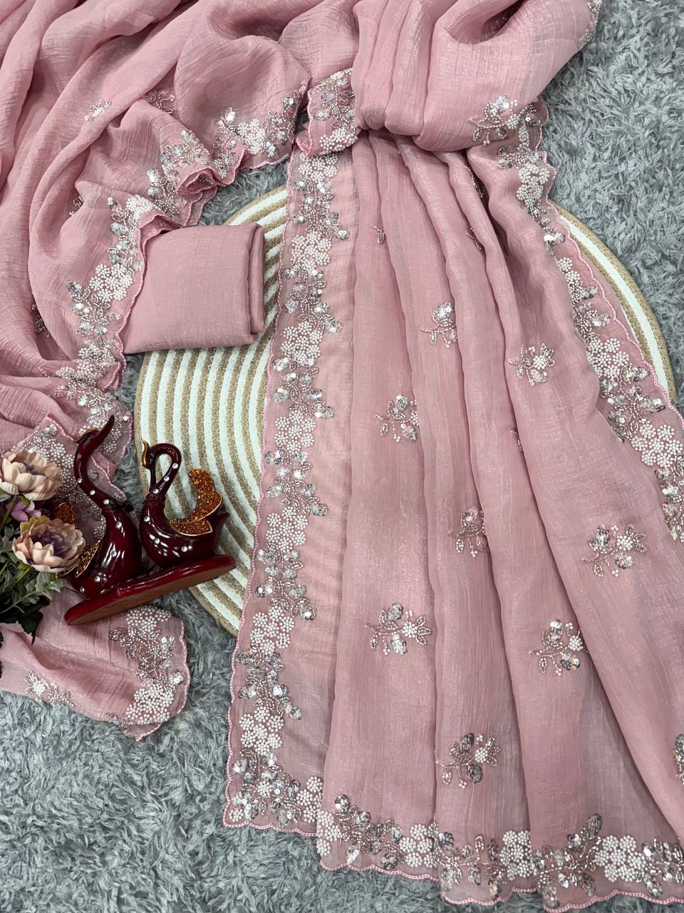 Women's Soft Pink Organza Saree with Delicate Pearl & Sequin Floral Embroidery β Lightweight Sheer Drape for Festive, Wedding & Party Wear - Image 8