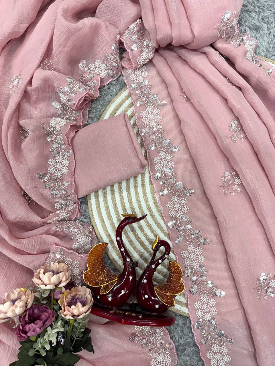 Women's Soft Pink Organza Saree with Delicate Pearl & Sequin Floral Embroidery β Lightweight Sheer Drape for Festive, Wedding & Party Wear - Image 7