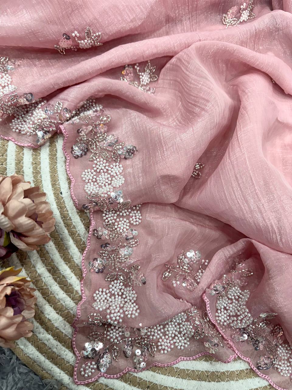 Women's Soft Pink Organza Saree with Delicate Pearl & Sequin Floral Embroidery β Lightweight Sheer Drape for Festive, Wedding & Party Wear