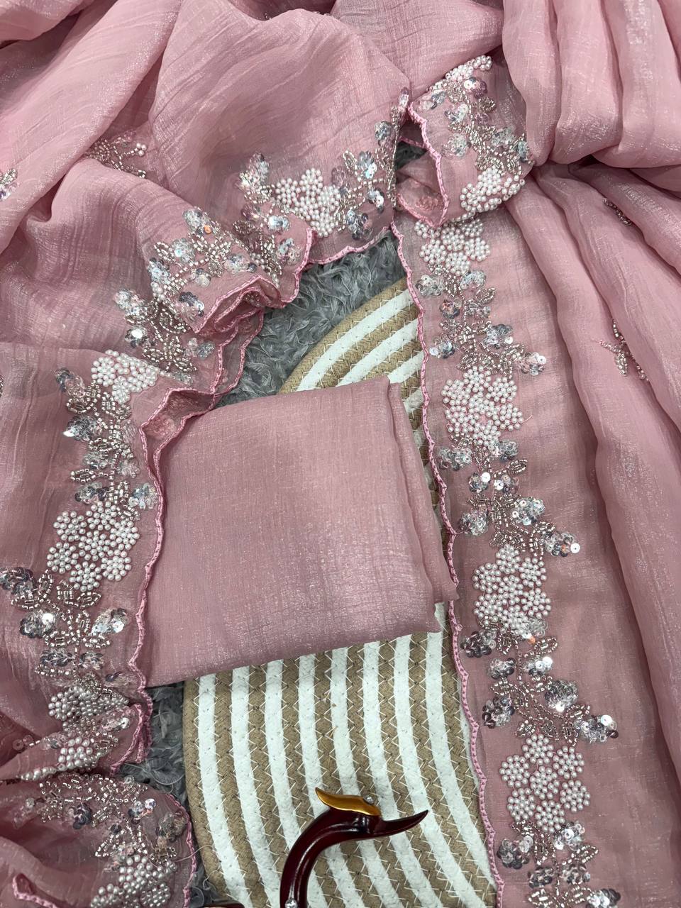 Women's Soft Pink Organza Saree with Delicate Pearl & Sequin Floral Embroidery β Lightweight Sheer Drape for Festive, Wedding & Party Wear - Image 4